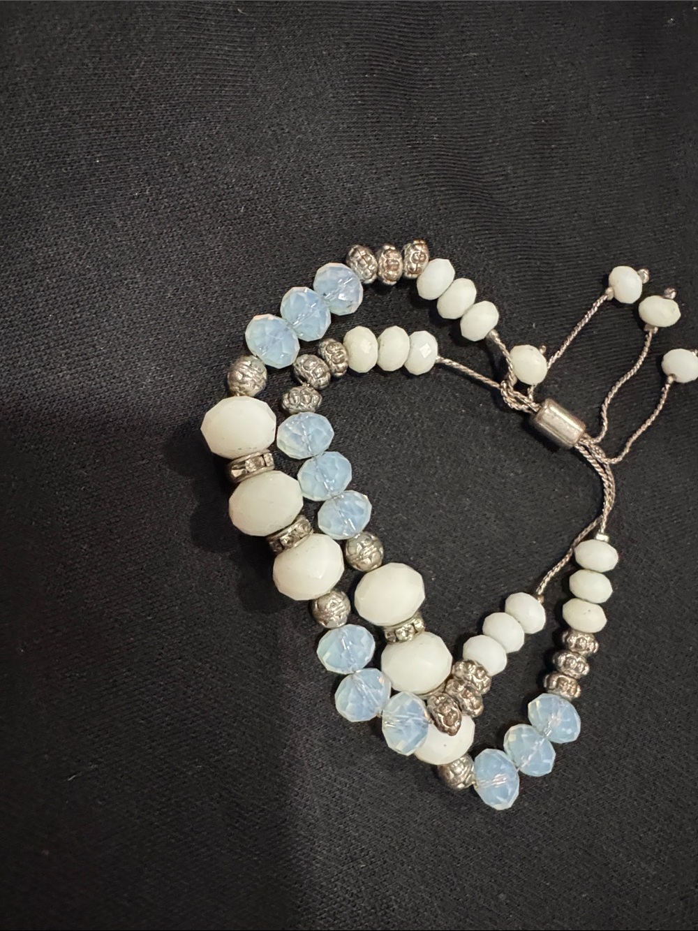 White and Light Blue Beaded Adjustable Bracelet